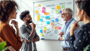 Foto realista de equipe diversa (gênero, idade, etnia) em brainstorming ativo com quadro branco cheio de ideias, ilustrando a Diversidade Cognitiva Inovação e a colaboração de diferentes estilos de pensamento.