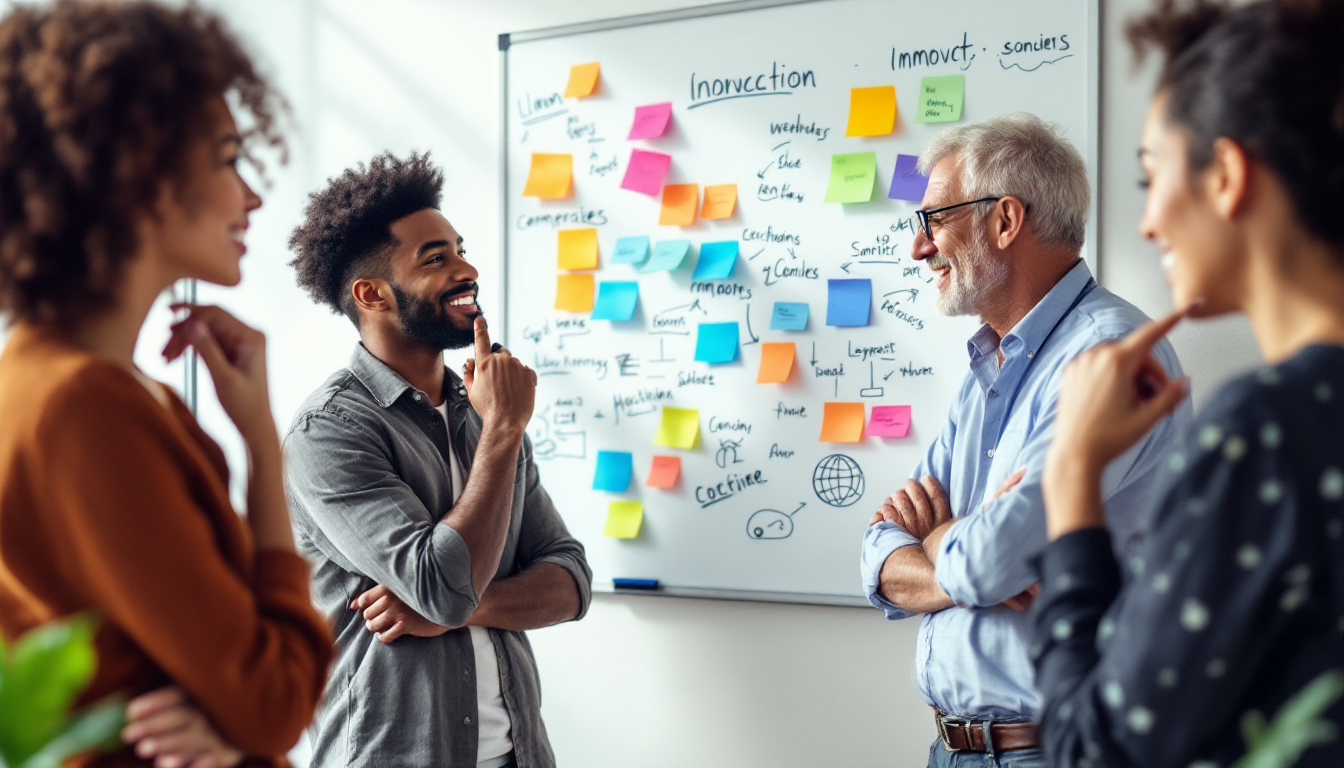 Foto realista de equipe diversa (gênero, idade, etnia) em brainstorming ativo com quadro branco cheio de ideias, ilustrando a Diversidade Cognitiva Inovação e a colaboração de diferentes estilos de pensamento.