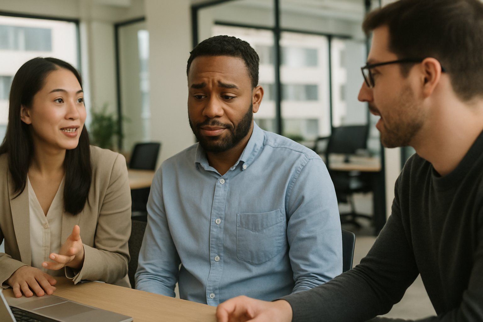 Foto realista de profissional diverso em escritório moderno exibindo desconforto sutil, ilustrando o peso invisível das Microagressões no Trabalho.