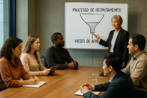 Equipe diversa e inclusiva (Asiática, Negra cadeirante, Caucasiana, Latino, Mestiça) em reunião, discutindo Viés de Afinidade e Liderança no quadro branco.