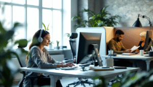 Foto realista de escritório moderno com equipe diversa (gênero, idade, etnia), usando fones de ouvido e telas ergonômicas, ilustrando a Neurodiversidade no Trabalho e as adaptações que potencializam o talento.