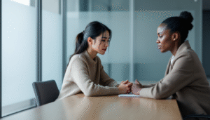 Uma profissional de RH, negra, com expressão empática, ouve ativamente uma colaboradora asiática, que parece estressada, em uma sala de reunião confidencial.