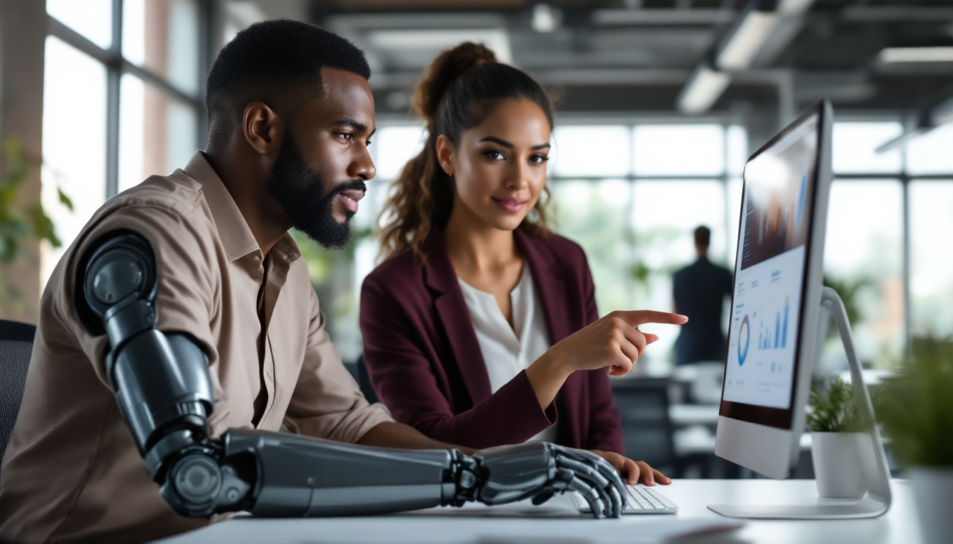 Dois profissionais negros colaborando em um escritório; um deles, um homem com uma prótese de braço, usa o computador, demonstrando a inclusão de PCD no trabalho.