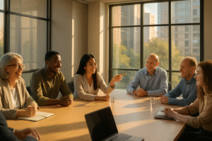 Grupo diverso de colaboradores interagindo em um escritório moderno e iluminado, representando uma cultura organizacional inclusiva e colaborativa.