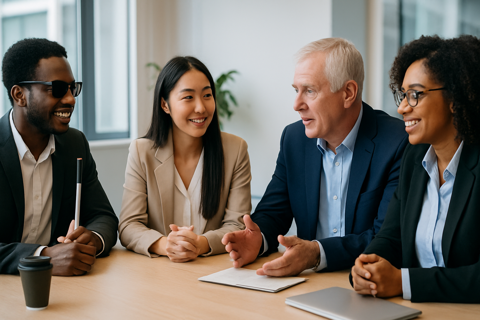 Grupo de profissionais de diversas origens e idades, incluindo uma pessoa com deficiência visual, em uma entrevista de processo seletivo em um escritório moderno, focando na inclusão e colaboração.