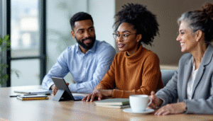 Três profissionais com diversidade de etnia e idade em uma reunião de escritório, sentados em uma mesa, discutindo de forma colaborativa.