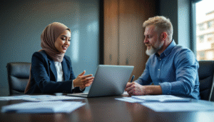 Uma profissional de RH usando hijab e um colega analisam o Relatório de Transparência Salarial em um laptop, discutindo o compliance da Lei da Igualdade Salarial.