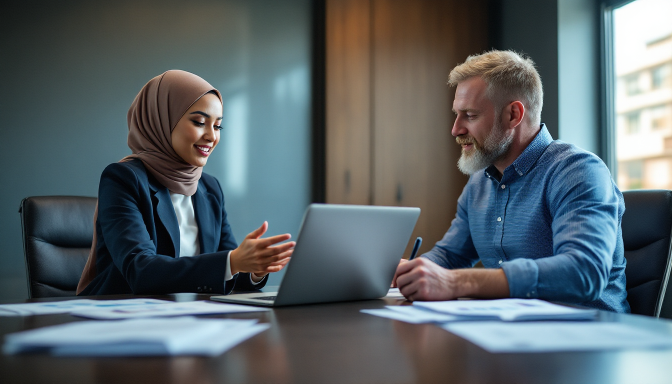 Uma profissional de RH usando hijab e um colega analisam o Relatório de Transparência Salarial em um laptop, discutindo o compliance da Lei da Igualdade Salarial.