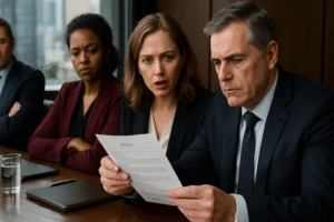 Equipe diversa em reunião corporativa analisando currículo com expressões de dúvida, ilustrando o impacto do viés inconsciente na tomada de decisão.