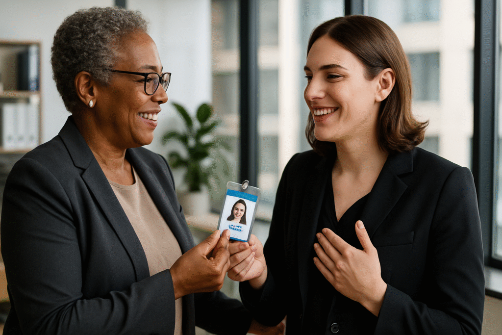 Gerente de RH mais velha entrega crachá com nome social para uma nova funcionária mulher trans em um escritório moderno, simbolizando um ambiente de trabalho inclusivo.