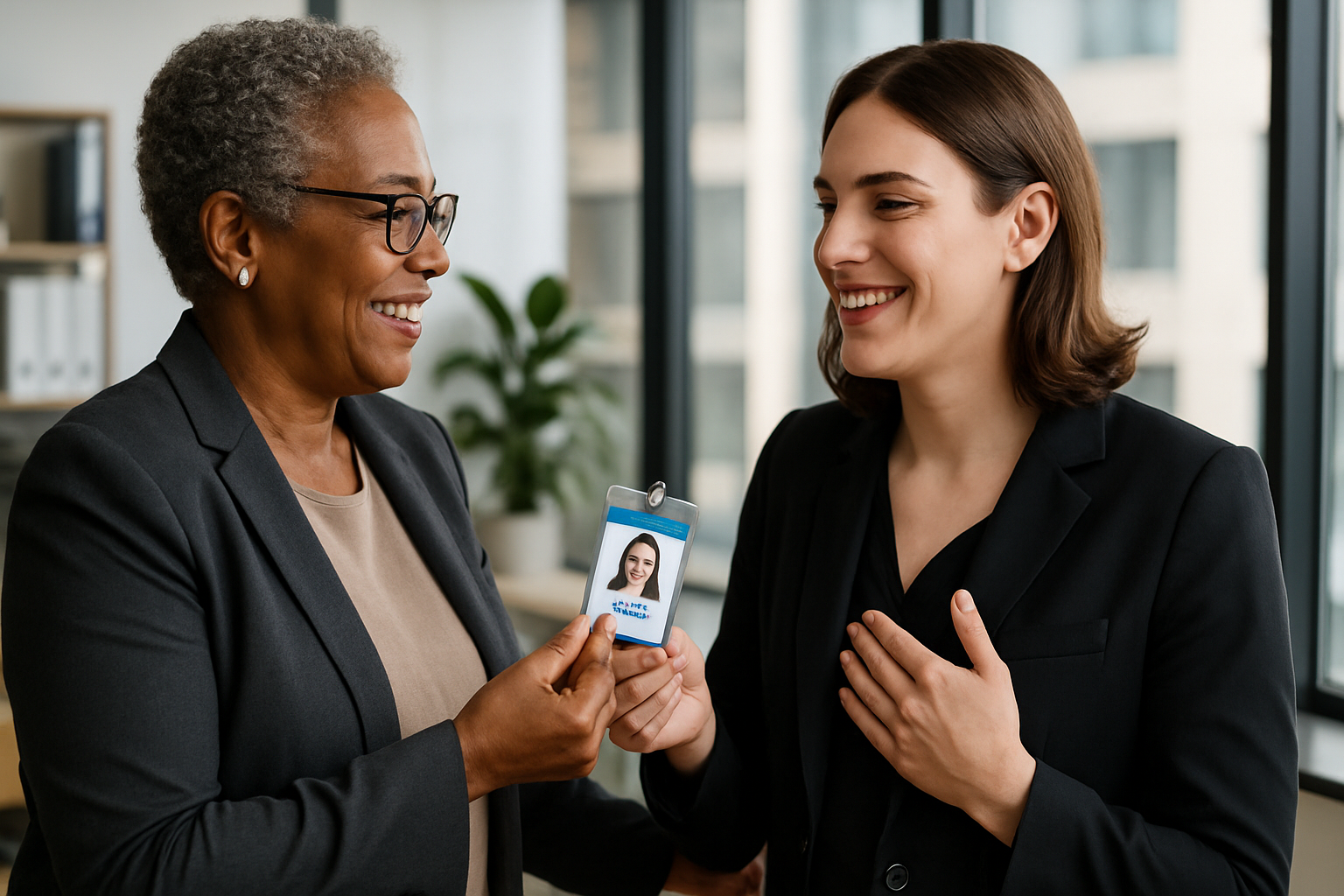 Gerente de RH mais velha entrega crachá com nome social para uma nova funcionária mulher trans em um escritório moderno, simbolizando um ambiente de trabalho inclusivo.