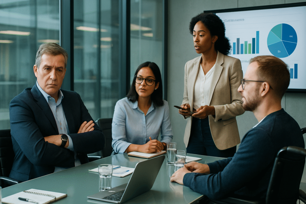 Gestor homem branco com braços cruzados demonstrando resistência à diversidade durante reunião com equipe inclusiva e diversa apresentando projetos.