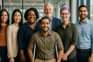 Um grupo diverso de profissionais posa para uma foto do comitê de diversidade, incluindo um homem com deficiência física (PcD), uma mulher obesa, e colegas de diferentes etnias e idades.