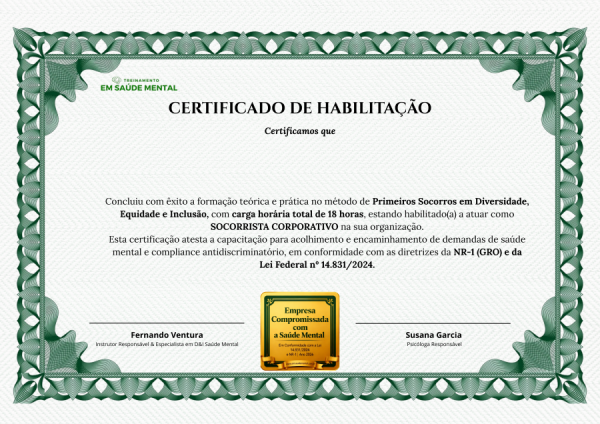 Imagem do Certificado de Capacitação em Primeiros Socorros em Diversidade e Inclusão