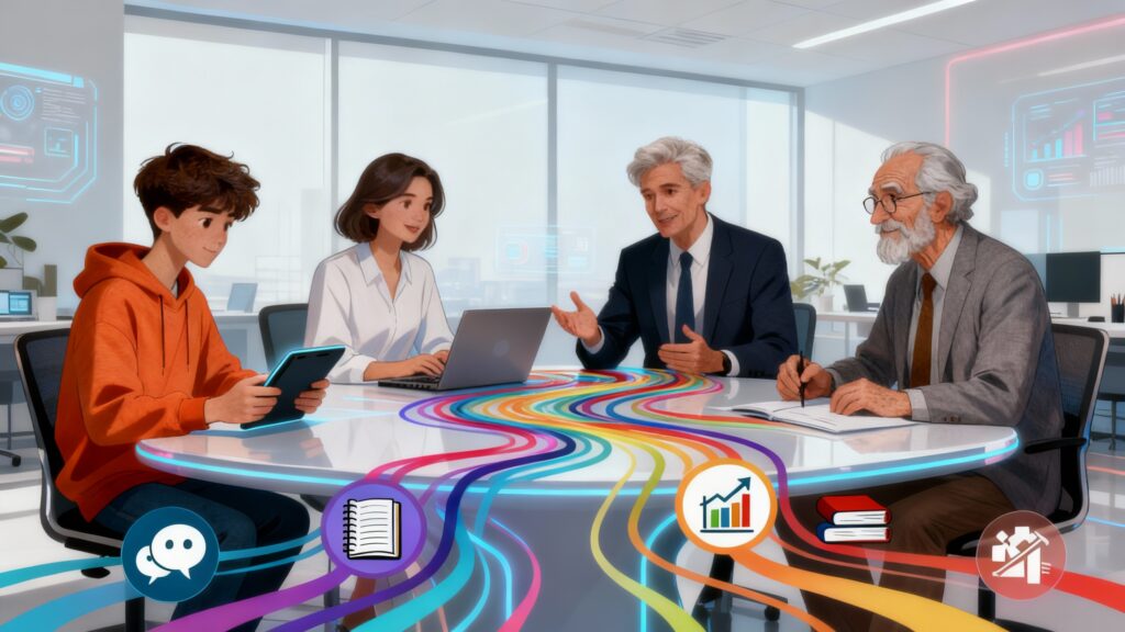 Pessoas de diferentes gerações (Baby Boomer, Geração X, Millennials, Geração Z) colaborando em uma mesa de reunião, com ícones de tecnologia e conhecimento, simbolizando a diversidade geracional nas empresas.