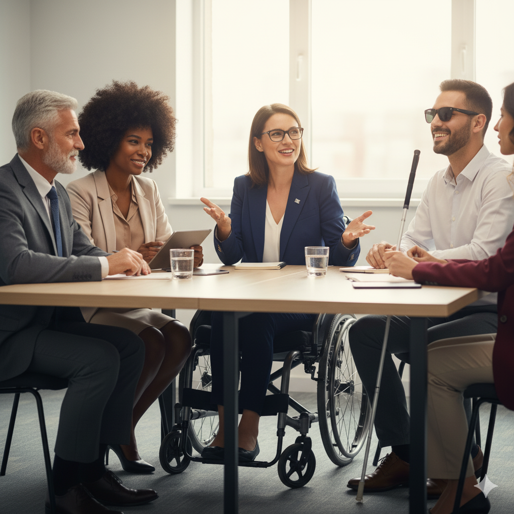 Fotografia de alta resolução mostrando uma reunião de trabalho inclusiva com uma líder cadeirante, um homem deficiente visual com bengala e óculos escuros, e outros profissionais diversos (negro, sênior, latino) em um escritório moderno.