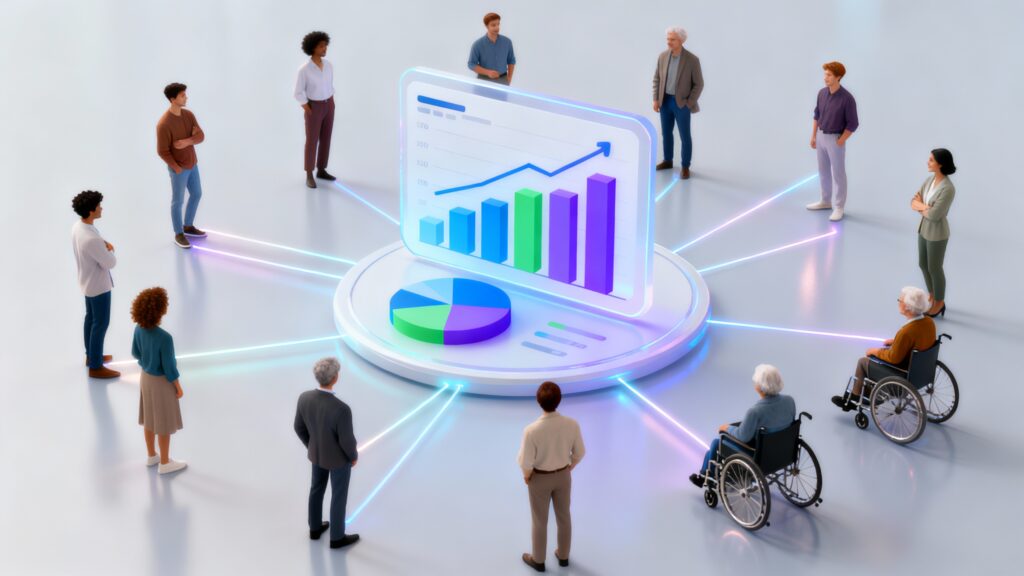A composição apresenta um dashboard digital sofisticado no centro, com elementos visuais que comunicam crescimento e representatividade através de gráficos em tons profissionais. Pessoas diversas ao redor estão conectadas por linhas luminosas que convergem para os dados, reforçando visualmente a narrativa de que a inclusão genuína gera resultados mensuráveis.
