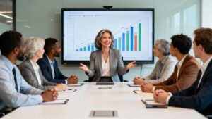 Uma mulher de etnia indiana, vestindo blazer cinza e camisa azul, sorri enquanto lidera uma reunião em pé na cabeceira de uma mesa retangular. Ela gesticula com as mãos enquanto apresenta algo que está em uma tela grande ao fundo, que exibe gráficos de barras e texto 'CRESOWNTO'. Ao redor da mesa, um grupo diverso de homens e mulheres de várias etnias está sentado, atento, com notebooks e papéis à frente. Há uma grande janela ao fundo que revela um horizonte urbano. A sala de reunião é moderna e bem iluminada.