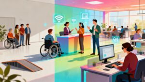 Ilustração de um escritório moderno com acessibilidade nas empresas, mostrando pessoas com deficiência trabalhando com autonomia, utilizando recursos de acessibilidade digital, física e comunicacional.