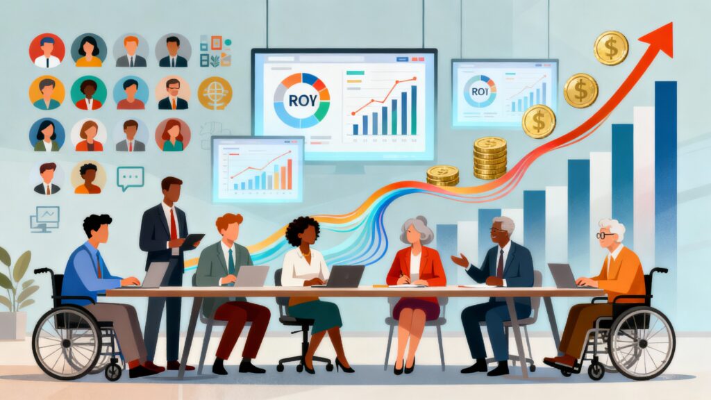 Ilustração de equipe diversa em reunião analisando painéis de ROI, com gráficos de crescimento e moedas, simbolizando o impacto financeiro positivo da diversidade e inclusão.