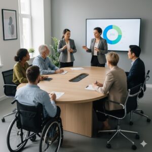 Pessoas de diferentes idades e etnias em uma mesa de reunião, com cadeiras ajustadas individualmente para que todos fiquem na mesma altura, ilustrando o conceito de equidade.