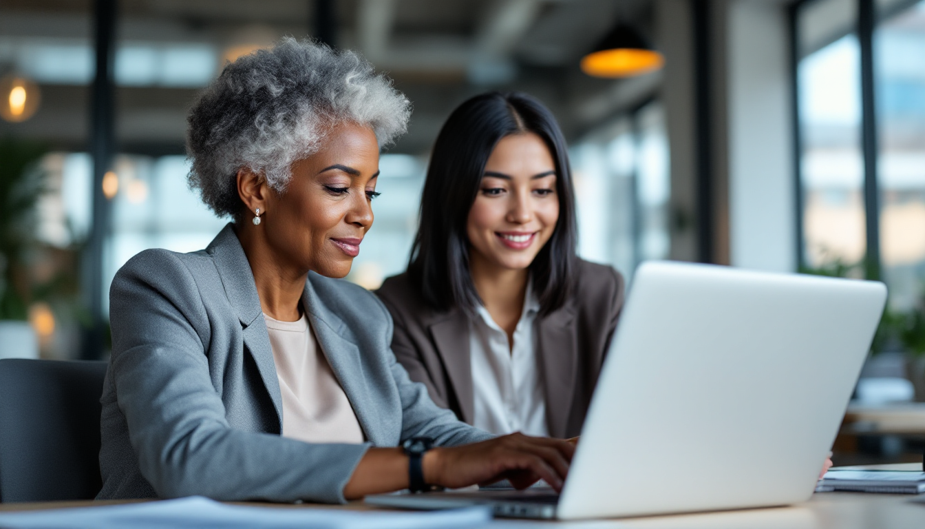 Duas profissionais, uma mulher negra sênior e uma mulher branca mais jovem, colaboram em um laptop em um escritório, discutindo os tipos de diversidade.