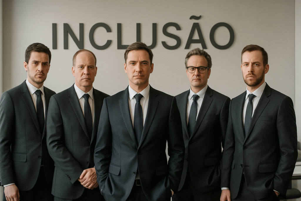 Grupo de executivos homens brancos em um escritório corporativo, em frente a uma parede com a palavra 'INCLUSÃO' escrita, ilustrando o conceito de tokenismo ou falsa inclusão.