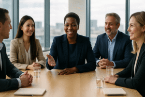 Líder feminina negra sorrindo em reunião com equipe diversa, promovendo colaboração e um ambiente inclusivo.